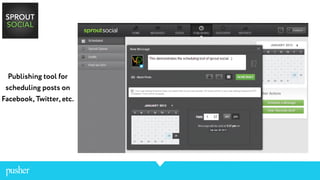Publishing tool for
scheduling posts on
Facebook, Twitter, etc.
 