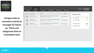 Assigns tasks to
comments and direct
messages for follow
up. Marks and
categorises them as
incomplete tasks
 