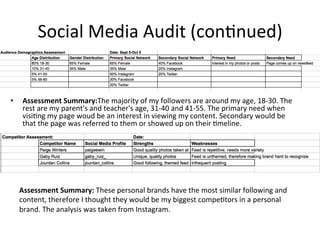 Social	
  Media	
  Audit	
  (con=nued)	
  
•  Assessment	
  Summary:The	
  majority	
  of	
  my	
  followers	
  are	
  around	
  my	
  age,	
  18-­‐30.	
  The	
  
rest	
  are	
  my	
  parent's	
  and	
  teacher's	
  age,	
  31-­‐40	
  and	
  41-­‐55.	
  The	
  primary	
  need	
  when	
  
visi=ng	
  my	
  page	
  woud	
  be	
  an	
  interest	
  in	
  viewing	
  my	
  content.	
  Secondary	
  would	
  be	
  
that	
  the	
  page	
  was	
  referred	
  to	
  them	
  or	
  showed	
  up	
  on	
  their	
  =meline.	
  	
  
Assessment	
  Summary:	
  These	
  personal	
  brands	
  have	
  the	
  most	
  similar	
  following	
  and	
  
content,	
  therefore	
  I	
  thought	
  they	
  would	
  be	
  my	
  biggest	
  compe=tors	
  in	
  a	
  personal	
  
brand.	
  The	
  analysis	
  was	
  taken	
  from	
  Instagram.	
  	
  
 