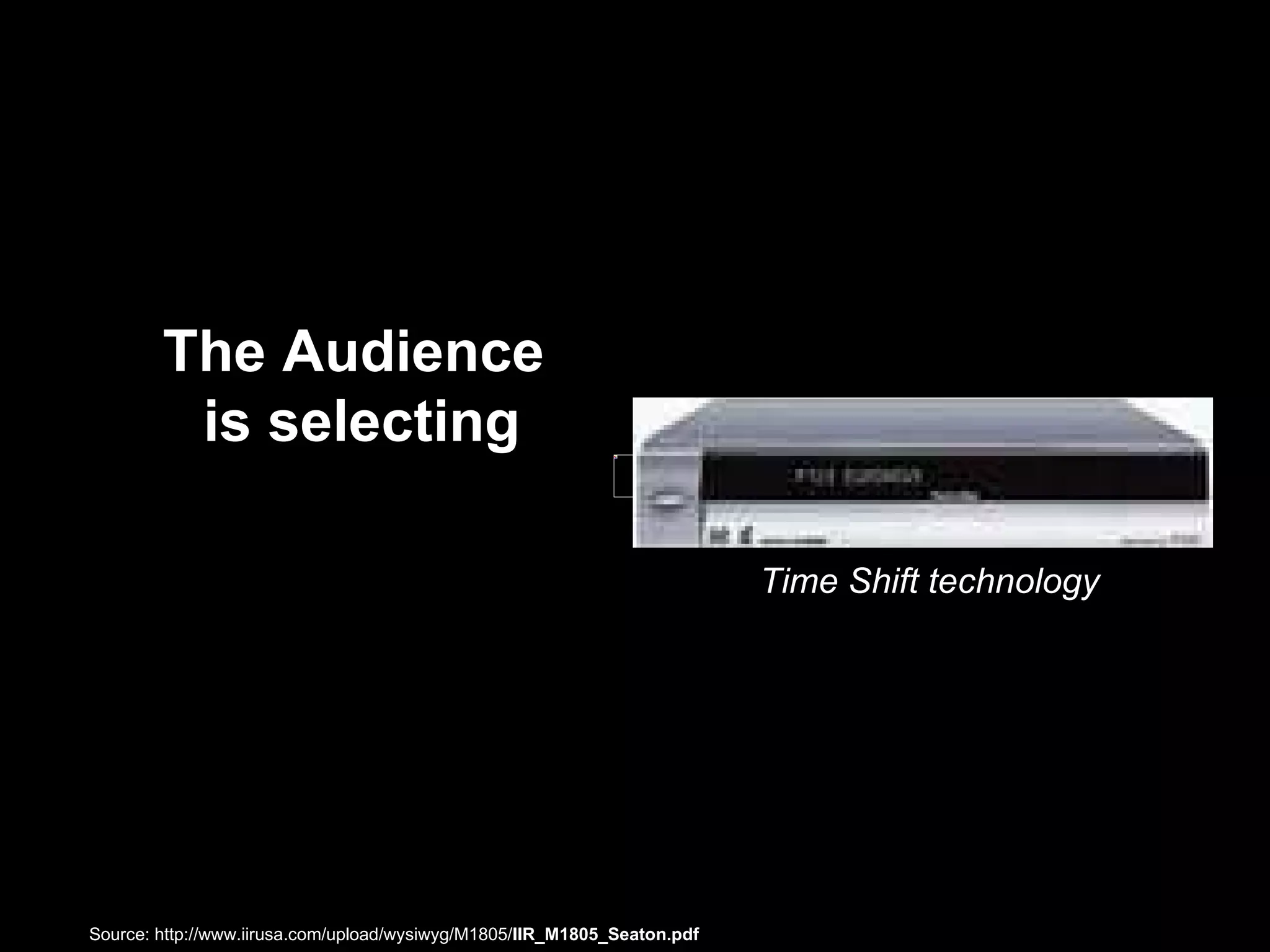 The Audience is selecting Time Shift technology Source: http://www.iirusa.com/upload/wysiwyg/M1805/ IIR_M1805_Seaton.pdf   