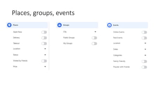 Places, groups, events
 