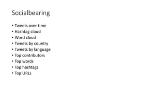 Socialbearing
• Tweets over time
• Hashtag cloud
• Word cloud
• Tweets by country
• Tweets by language
• Top contributors
• Top words
• Top hashtags
• Top URLs
 