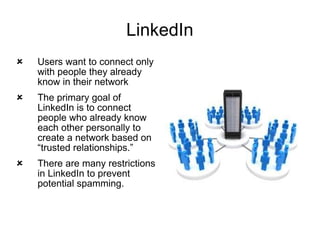 LinkedIn Users want to connect only with people they already know in their network The primary goal of LinkedIn is to connect people who already know each other personally to create a network based on “trusted relationships.” There are many restrictions in LinkedIn to prevent potential spamming. 