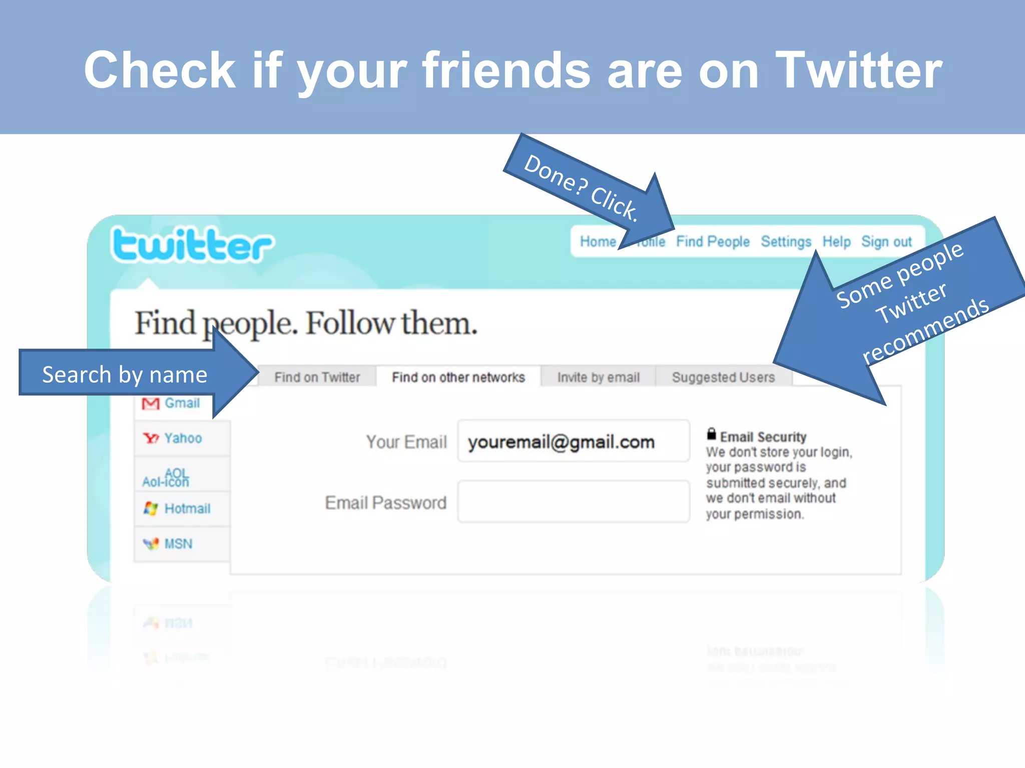 Search by name  Some people Twitter recommends Check if your friends are on Twitter Done? Click. 