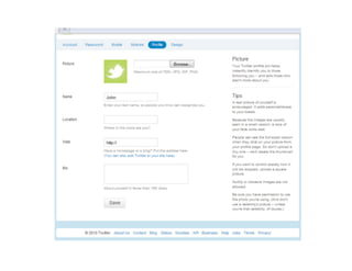Twitter Best Practices Listen first. You can do this for awhile. Follow the leaders. Keep following. Talk to people. Respond when someone tweets you. Thank users for Retweets.  ENGAGE with content that isn’t all about you. Ask questions. Complete your profile!  