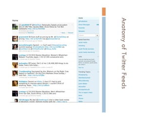 Twitter Cadence (the language of Twitter) RT=Retweet Resend a tweet from another user out to your followers. @username Message to that user, which will show up in your feed and theirs. #: Hashtag Calling out a topic for others who may be searching for that topic. Great way to attract new followers. D: Direct message A message that goes to another user’s inbox. It will not show up in their feed so no one else will see it. 