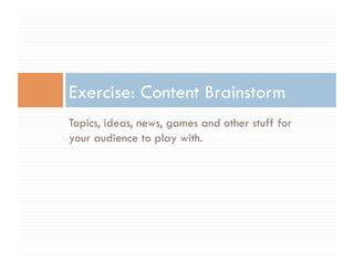 Other Great Tools Addictomatic.com: Find topical related discussions SEOBook.com: Great free SEO & keywords tools Google Trends Mashable.com: The best info on social media SM Monitoring Tools (paid): ScoutLabs, BrandsEye, Radian6, BuzzMetrics, Trackur, Sentiment Metrics, BuzzLogic SM Tools (FREE): Social Mention (alerts), SocialOomph, Objective Marketer 