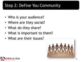 Step 2: Define You Community

•   Who is your audience?
•   Where are they social?
•   What do they share?
•   What is imp...