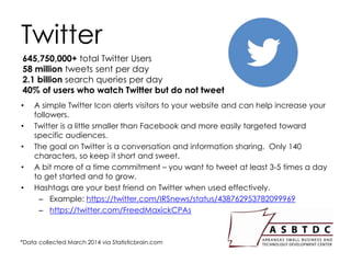 Twitter
• A simple Twitter Icon alerts visitors to your website and can help increase your
followers.
• Twitter is a littl...