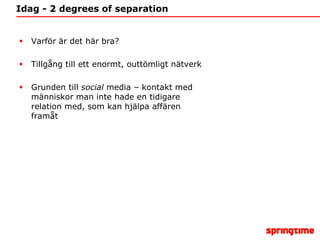 Idag - 2 degrees of separationVarför är det här bra?Tillgång till ett enormt, outtömligt nätverkGrunden till social media – kontakt med människor man inte hade en tidigare relation med, som kan hjälpa affären framåt