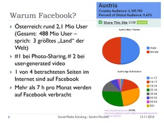 Warum Facebook?
 Österreich: rund 2,1 Mio User
(Gesamt: 488 Mio User –
sprich: 3 größtes „Land“ der
Welt)
 #1 bei Photo-Sharing, # 2 bei
user-generated video
 1 von 4 betrachteten Seiten im
Internet sind auf Facebook
 Mehr als 7 h pro Monat werden
auf Facebook verbracht
www.checkfacebook.com (03/08)
http://www.slideshare.net/firebellymarketing/facebook-for-
business-3318122
15.11.2010Social Media Schulung - Sandra Perusch
 