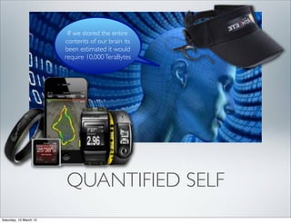 If we stored the entire
                        contents of our brain its
                        been estimated it would
                        require 10,000 TeraBytes




                        QUANTIFIED SELF
Saturday, 10 March 12
 
