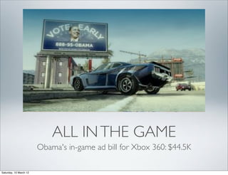 ALL IN THE GAME
                        Obama's in-game ad bill for Xbox 360: $44.5K

Saturday, 10 March 12
 