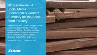 Report Period: January 1 - December 31, 2015
2015 in Review: A
Social Media
Benchmark & Content
Summary for the Snack
Food Industry
A benchmark and content analysis of how
snack brands performed in 2015 on
Facebook, Twitter, Google+, YouTube,
and Instagram. Brands analyzed are
Oreo, Starburst, Skittles, Reese’s,
Snickers, Butterfinger, and Twix.
 