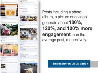 Posts including a photo
album, a picture or a video
generate about 180%,
120%, and 100% more
engagement than the
average post, respectively.




      Emphasize on Visualization
 