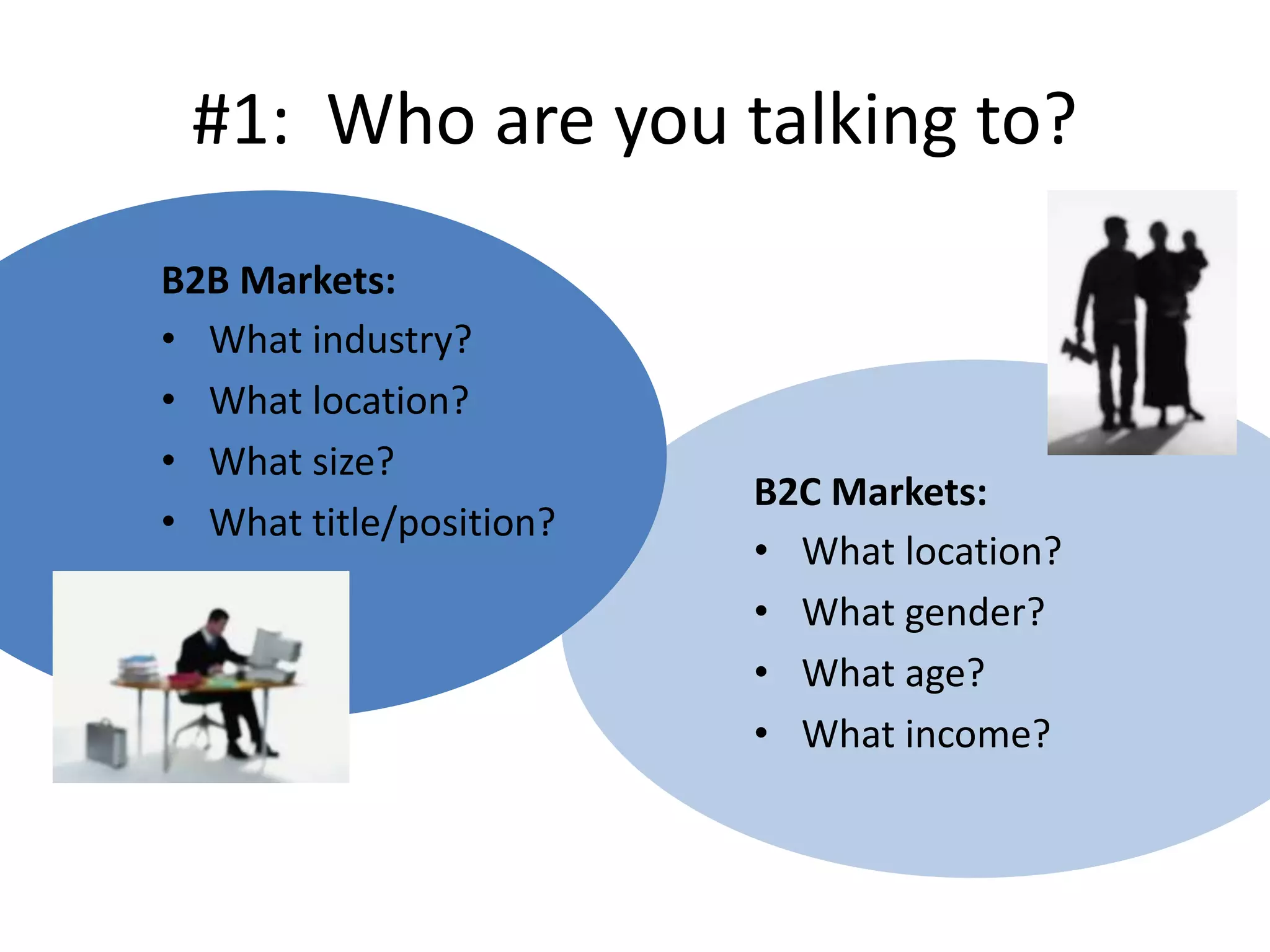 #1: Who are you talking to?
B2B Markets:
• What industry?
• What location?
• What size?
• What title/position?
B2C Markets:
• What location?
• What gender?
• What age?
• What income?
 