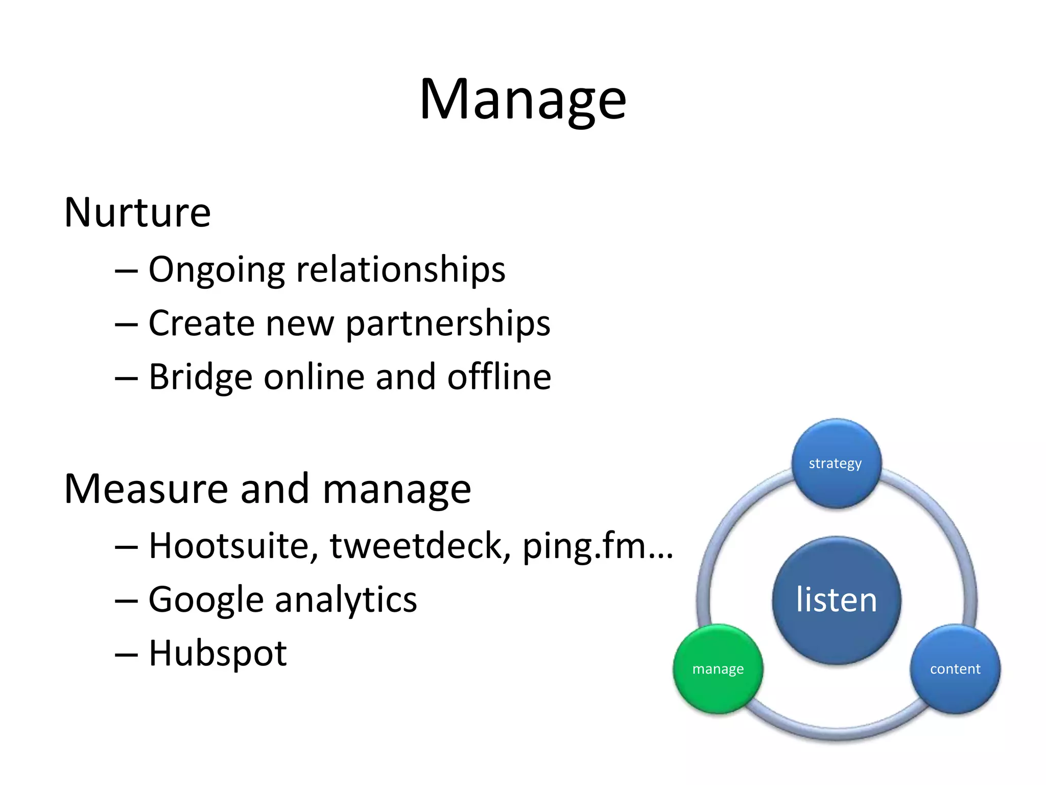 Manage
Nurture
– Ongoing relationships
– Create new partnerships
– Bridge online and offline
Measure and manage
– Hootsuite, tweetdeck, ping.fm…
– Google analytics
– Hubspot
listen
strategy
contentmanage
 