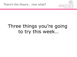 There’s the theory… now what?
Three things you’re going
to try this week…
 