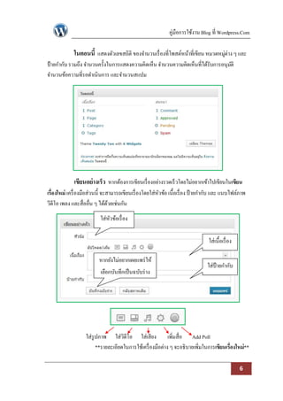 คู่มือการใช้งาน Blog ที่ Wordpress.Com

             ในตอนนี้ แสดงตัวเลขสถิติ ของจานวนเรื่ องที่โพสต์หน้าที่เขียน หมวดหมูต่าง ๆ และ
                                                                                 ่
ป้ ายกากับ รวมถึง จานวนครั้งในการแสดงความคิดเห็น จานวนความคิดเห็นที่ได้รับการอนุมติ
                                                                                 ั
จานวนข้อความที่รอดาเนินการ และจานวนสแปม




             เขียนอย่ างเร็ว หากต้องการเขียนเรื่ องอย่างรวดเร็ วโดยไม่อยากเข้าไปเขียนในเขียน
เรื่องใหม่ เครื่ องมือส่วนนี้ จะสามารถเขียนเรื่ องโดยใส่หวข้อ เนื้อเรื่ อง ป้ ายกากับ และ แนบไฟล์ภาพ
                                                         ั
วีดีโอ เพลง และสื่ออื่น ๆ ได้ดวยเช่นกัน
                                 ้
                          ใส่หวข้อเรื่ อง
                              ั

                                                                                 ใส่เนื้อเรื่ อง

                          หากยังไม่อยากเผยแพร่ ให้
                                                                                ใส่ป้ายกากับ
                          เลือกบันทึกเป็ นฉบับร่ าง




                   ใส่รูปภาพ ใส่วิดีโอ ใส่เสียง เพิ่มสื่อ Add Poll
                        **รายละเอียดในการใช้เครื่ องมือต่าง ๆ จะอธิบายเพิ่มในการเขียนเรื่องใหม่**

                                                                                                   6
 