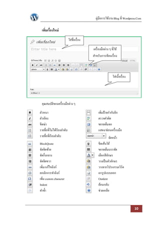 คู่มือการใช้งาน Blog ที่ Wordpress.Com

  เพิมเรื่องใหม่
     ่
                              ใส่ชื่อเรื่ อง

                                               เครื่ องมือต่าง ๆ ที่ใช้
                                               สาหรับการเขียนเรื่ อง



                                                                  ใส่เนื้อเรื่ อง




  คุณสมบัติของเครื่ องมือต่าง ๆ

ตัวหนา                                              เพิ่มป้ ายกากับอีก
ตัวเอียง                                            ตรวจคาผิด
ขีดฆ่า                                              ขยายเต็มจอ
รายชื่อที่ไม่ได้เรี ยงลาดับ                         แสดง/ซ่อนเครื่ องมือ
รายชื่อที่เรี ยงลาดับ                                         จัดหน้า
BlockQoute                                          ขีดเส้นใต้
จัดชิดซ้าย                                          ขยายเต็มบรรทัด
จัดกึ่งกลาง                                         เลือกสีอกษร
                                                            ั
จัดชิดขวา                                           วางเป็ นตัวอักษร
เพิม/แก้ไขลิงก์
   ่                                                วางจากโปรแกรมเวิร์ด
ยกเลิกการทาลิงก์                                    เอารู ปแบบออก
เพิ่ม custom character                              Outdent
Indent                                              ย้อนกลับ
ทาซ้ า                                              ช่วยเหลือ



                                                                                    10
 