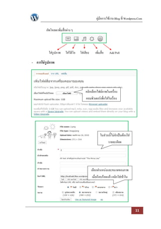 คู่มือการใช้งาน Blog ที่ Wordpress.Com

         อัพโหลด/เพิ่มสื่อต่าง ๆ




           ใส่รูปภาพ     ใส่วิดีโอ   ใส่เสียง     เพิ่มสื่อ     Add Poll

- การใส่ รูปภาพ




                                          คลิกเลือกไฟล์ภาพในเครื่ อง
                                          คอมพิวเตอร์เพื่อใส่ในเรื่ อง




                                                       ในส่วนนี้ไม่จาเป็ นต้องใส่
                                                               รายละเอียด




                                                เลือกตาแหน่ งและขนาดของภาพ
                                                เมื่อเรี ยบร้อยแล้ว คลิกใส่เข้าใน
                                                              เรื่ อง




                                                                                    11
 