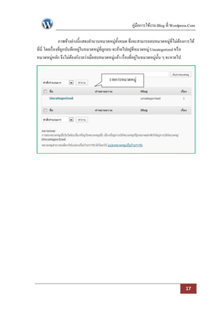 คู่มือการใช้งาน Blog ที่ Wordpress.Com

                 ภาพข้างล่างนี้แสดงจานวนหมวดหมู่ท้งหมด ซึ่งจะสามารถลบหมวดหมู่ที่ไม่ตองการได้
                                                    ั                                     ้
ที่นี่ โดยเรื่ องที่ถกบันทึกอยูในหมวดหมู่ที่ถกลบ จะย้ายไปอยูที่หมวดหมู่ Uncategorized หรื อ
                     ู         ่             ู              ่
หมวดหมู่หลัก จึงไม่ตองกังวลว่าเมื่อลบหมวดหมู่แล้ว เรื่ องที่อยูในหมวดหมู่น้ น ๆ จะหายไป
                          ้                                     ่           ั


                                          รายการหมวดหมู่




                                                                                       17
 