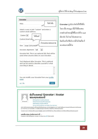 คู่มือการใช้งาน Blog ที่ Wordpress.Com



                  ใส่หวข้อ
                      ั        Gravatar (รู ปประจาตัวที่ใช้ได้ทว
                                                               ั่
                               โลก) เป็ น Widget ที่มีไว้เพื่อแสดง
                               ภาพส่วนตัวของผูใช้ซ่ึงภายใต้ E-mail
                                              ้
ใส่อีเมล์                      เดียวกัน ไม่ว่าจะไปแสดงความ
                               คิดเห็นหรื อใช้บริ การที่เว็บไซด์ใด ก็
            กาหนดขนาดของภาพ
                               จะแสดงภาพนี้ดวย
                                            ้




                                                                 28
 