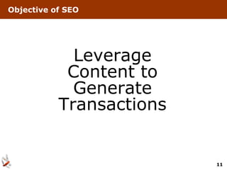 Objective of SEO




             Leverage
            Content to
             Generate
           Transactions


                          11
 
