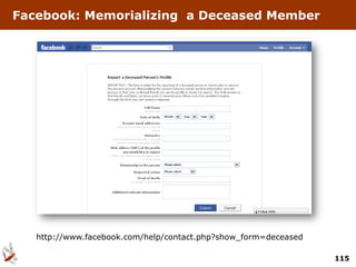 Facebook: Memorializing a Deceased Member




   http://www.facebook.com/help/contact.php?show_form=deceased

                                                                 115
 