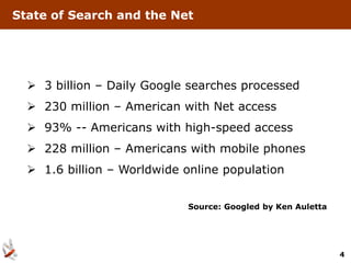 State of Search and the Net




   3 billion – Daily Google searches processed
   230 million – American with Net access
   93% -- Americans with high-speed access
   228 million – Americans with mobile phones
   1.6 billion – Worldwide online population


                            Source: Googled by Ken Auletta




                                                             4
 