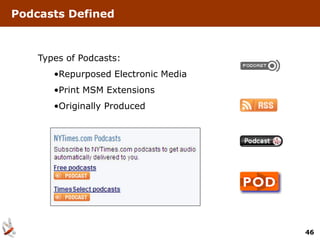 Podcasts Defined



    Types of Podcasts:
       •Repurposed Electronic Media
       •Print MSM Extensions
       •Originally Produced




                                      46
 