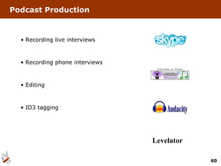 Podcast Production


  • Recording live interviews



  • Recording phone interviews



  • Editing



  • ID3 tagging




                                 Levelator

                                             60
 