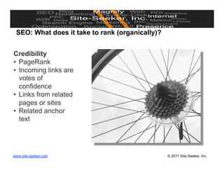 SEO: What does it take to rank (organically)?


Credibility
•  PageRank
•  Incoming links are
   votes of
   confidence
•  Links from related
   pages or sites
•  Related anchor
   text




www.site-seeker.com                              © 2011 Site-Seeker, Inc.
 