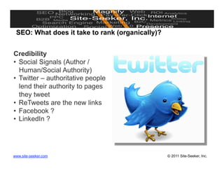 SEO: What does it take to rank (organically)?


Credibility
•  Social Signals (Author /
   Human/Social Authority)
•  Twitter – authoritative people
   lend their authority to pages
   they tweet
•  ReTweets are the new links
•  Facebook ?
•  LinkedIn ?




www.site-seeker.com                              © 2011 Site-Seeker, Inc.
 