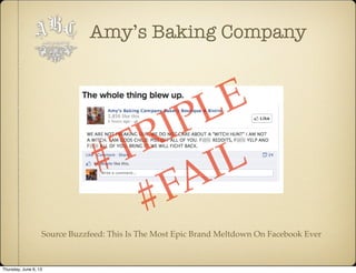 Amy’s Baking Company
Source Buzzfeed: This Is The Most Epic Brand Meltdown On Facebook Ever
#TRIPLE
#FAIL
Thursday, June 6, 13
 