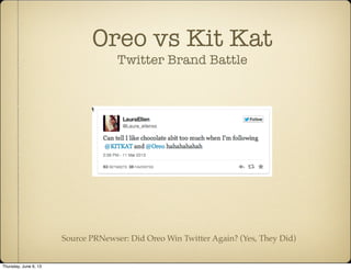 Oreo vs Kit Kat
Twitter Brand Battle
Source PRNewser: Did Oreo Win Twitter Again? (Yes, They Did)
Thursday, June 6, 13
 