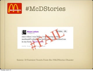 #McDStories
Source: 10 Funniest Tweets From the #McDStories Disaster
#FAIL
Thursday, June 6, 13
 