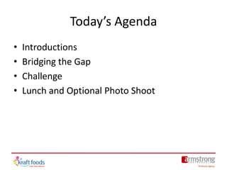Today’s Agenda Introductions Bridging the Gap Challenge Lunch and Optional Photo Shoot 