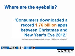 Where are the eyeballs?

    ‘Consumers downloaded a
       record 1.76 billion apps
       between Christmas and
         New Year’s Eve 2012.’
       http://gigaom.com/mobile/app-downloads-hit-record-1-76-billion-over-holiday-week/
 