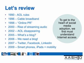 Let’s review
•   1990 - AOL rules
•   1996 – Cable broadband                  To get to the
•   1998 – “Online PR”                     heart of social
•   2000 – Rise of streaming audio              media
                                            adoption, we
•   2002 – AOL disappearing                   first must
•   2005 – What‟s a blog?                    understand
                                          Internet access.
•   2006 – We need a blog!
•   2007 – Twitter, Facebook, Linkedin
•   2009 – Smart phones, iPads = mobility
 