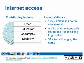 Internet access
Contributing factors                                          Latest statistics
                                                              • 1 in 5 Americans do not
                              Race                               use Internet
                         Education                            • A third of Americans with
                                                                 disabilities are less likely
                        Geography                                to go online
                          Disability                          • „Mobile‟ is changing the
                                                                 game




Pew Internet and American Life Project, http://pewinternet.org/Reports/2012/Digital-
differences/Overview.aspx
 