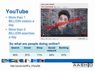 YouTube
• More than 1
  BILLION visitors a
  day
• More than 2
  BILLION searches
  a day

  So what are people doing online?
   Search      Email      Shop    Social   Banking
                                 network
     92%        91%        71%    64%       61%



   http://youtu.be/6f-z_hFpwQk
 