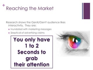 Reaching the MarketResearch shows the GenX/GenY audience likes interactivity.  They are:Inundated with marketing messages Skeptical of advertising claimsYou only have1 to 2 Seconds to grabtheir attention