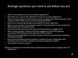 Strategic questions you need to ask before you act:

•   What is the purpose of your social media engagement?
•   How does...