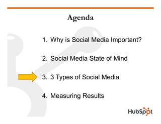 Agenda

1. Why
1 Wh is Social Media Important?

2. Social Media State of Mind

3. 3 Types of Social Media

4. Measuring Re...