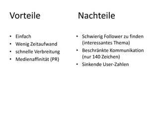 Vorteile
• Einfach
• Wenig Zeitaufwand
• schnelle Verbreitung
• Medienaffinität (PR)
Nachteile
• Schwierig Follower zu finden
(interessantes Thema)
• Beschränkte Kommunikation
(nur 140 Zeichen)
• Sinkende User-Zahlen
 
