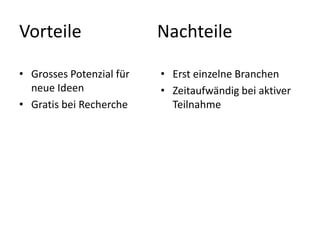 Vorteile
• Grosses Potenzial für
neue Ideen
• Gratis bei Recherche
Nachteile
• Erst einzelne Branchen
• Zeitaufwändig bei aktiver
Teilnahme
 