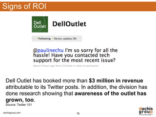 Signs of ROI




  Dell Outlet has booked more than $3 million in revenue
  attributable to its Twitter posts. In addition, the division has
  done research showing that awareness of the outlet has
  grown, too.
  Source: Twitter 101

dachisgroup.com                  16
 