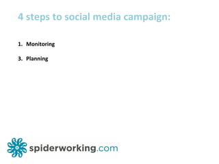4 steps to social media campaign: <ul><li>Monitoring </li></ul><ul><li>Planning </li></ul>