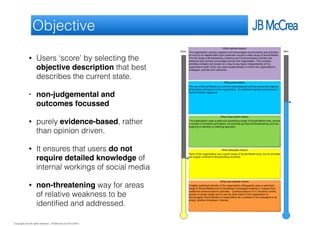 Copyright and all rights reserved: J B McCrea Ltd 2013-2015
Objective
• Users ‘score’ by selecting the
objective description that best
describes the current state.
• non-judgemental and
outcomes focussed
• purely evidence-based, rather
than opinion driven.
• It ensures that users do not
require detailed knowledge of
internal workings of social media
• non-threatening way for areas
of relative weakness to be
identiﬁed and addressed.
 